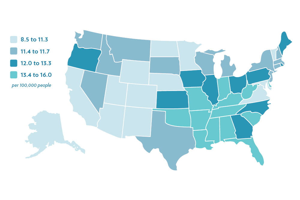 US map showing HPV-related cancer rates by state. See CDC link for an accessible version.
