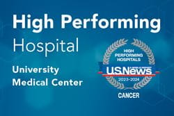 Graphic with geometric patterns in the background that reads High Performing Hosptial | University Medical Center | High Performing Hospitals U.S. News & World Report 2023 to 2024 | Cancer