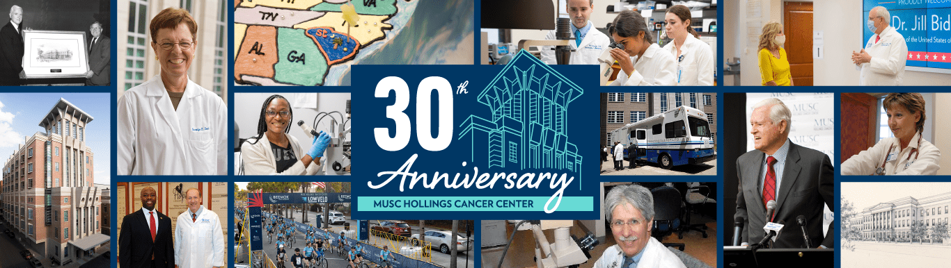 collage of images showing people and events from the past 30 years of Hollings' history with graphic in the middle that says 30th anniversary MUSC Hollings Cancer Center