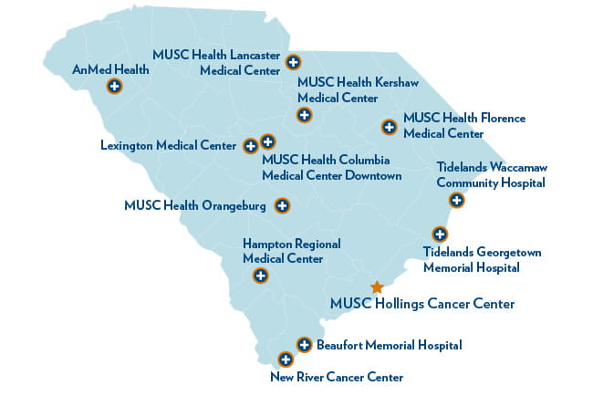 map of South Carolina showing locations where Hollings and MUSC Health provide cancer care