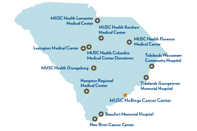 map of South Carolina showing locations where Hollings and MUSC Health provide cancer care 