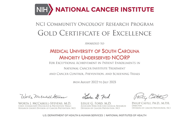 image of a certificate of excellence from NCI for exceptional achievement in patient enrollments