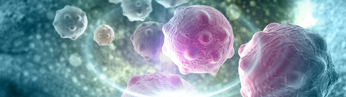 illustration of cancer cells with bursts of light representing innovation and discovery
