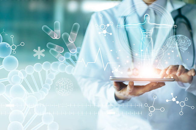 doctor holding tablet with graphics representing health, medicine, genetics and medication overlaid on top