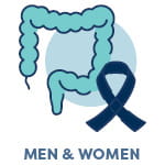 icon representing colorectal cancer with the words men & women under it