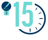 surgical knife icon with number 3 under it next to illustration showing part of a clock face with number 15 on top