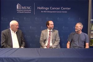 screenshot of Cross Talk Melanoma episode showing Dr. Raymond DuBois, Dr. John Kaczmar and Tim Buikema