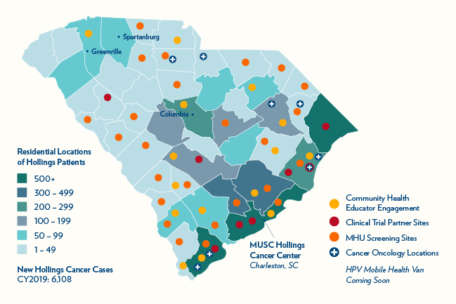 South Carolina map showing Hollings outreach, screening, and oncology locations across the state along with the number of patients from each county