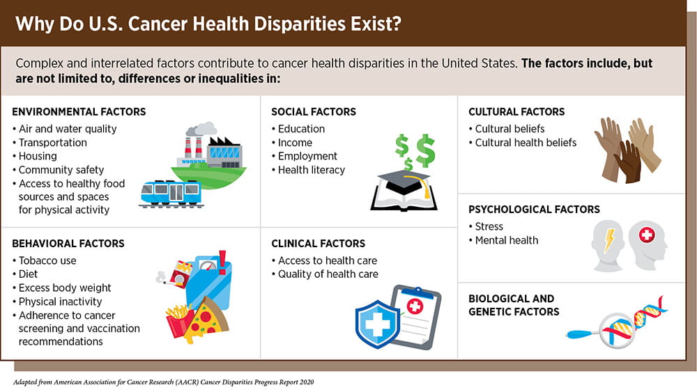 graphic showing the factors that contribute to U.S. cancer health disparities