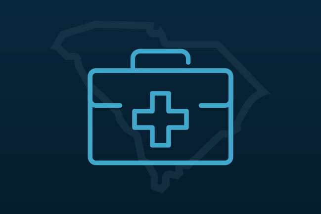 first aid kit icon with outline of South Carolina behind it