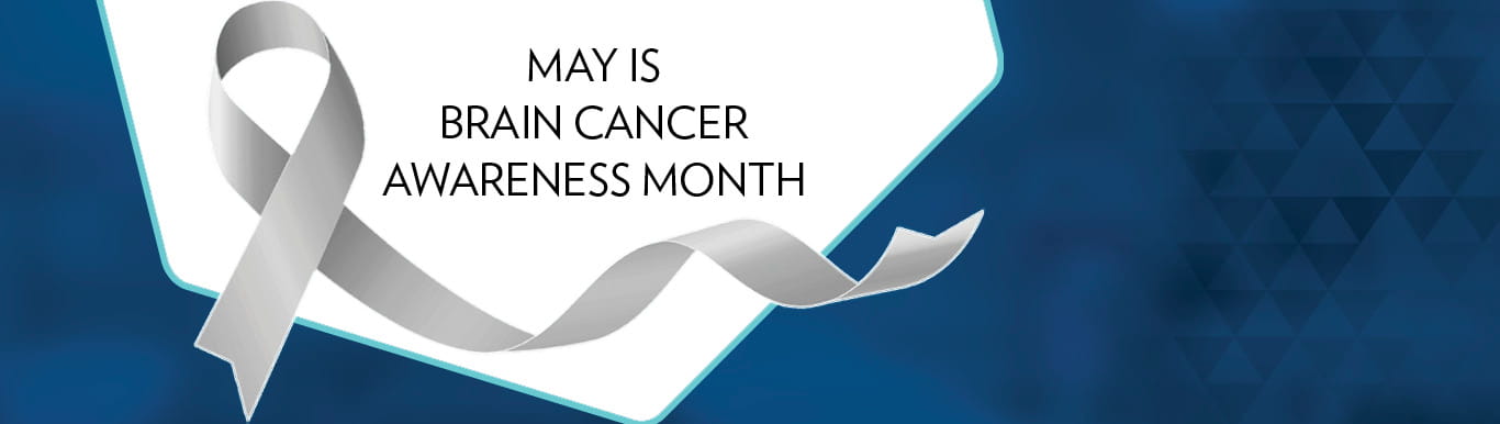 graphic with gray cancer awareness ribbon and text that says May is brain cancer awareness month