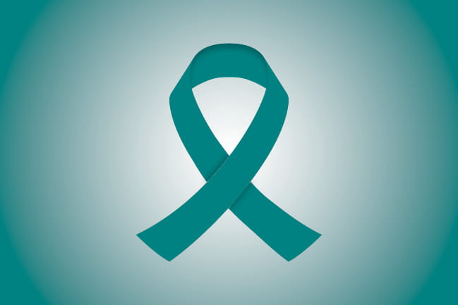 teal colored ribbon representing ovarian cancer