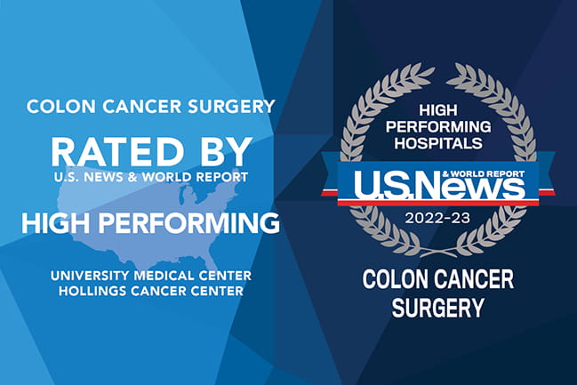 graphic that says Hollings Cancer Center is rated by U.S. News & World Report as a high performing hospital for colon cancer surgery in 2022-23
