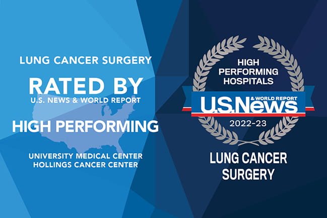 graphic that says Hollings Cancer Center is rated by U.S. News & World Report as a high performing hospital for lung cancer surgery in 2022-23