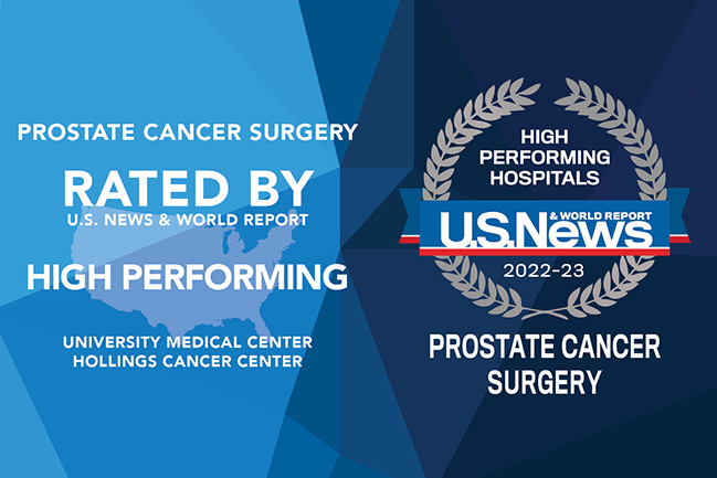 graphic that says Hollings Cancer Center is rated by U.S. News & World Report as a high performing hospital for prostate cancer surgery in 2022-23