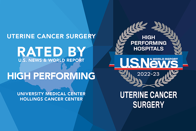 graphic that says Hollings Cancer Center is rated by U.S. News & World Report as a high performing hospital for uterine cancer surgery in 2022-23