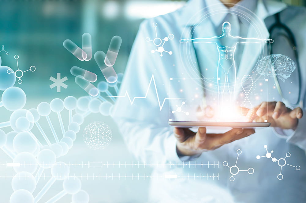 doctor holding a tablet with abstract transparent medical and genetic icons overlaid on top