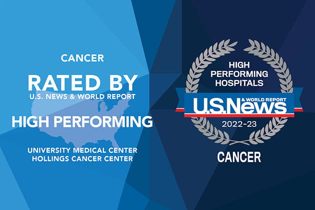 graphic that says Hollings Cancer Center is rated by U.S. News & World Report as a high performing hospital for cancer in 2022-23