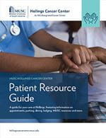 cover of the Hollings Patient Resource Guide with a picture of a nurse holding a patient's hands in her hands