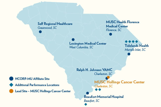 map of South Carolina that shows the locations of MUSC NCORP-MU affiliate sites and additional performance locations