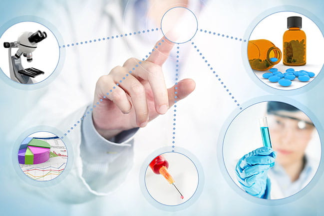 doctor touching screen with medical and research images