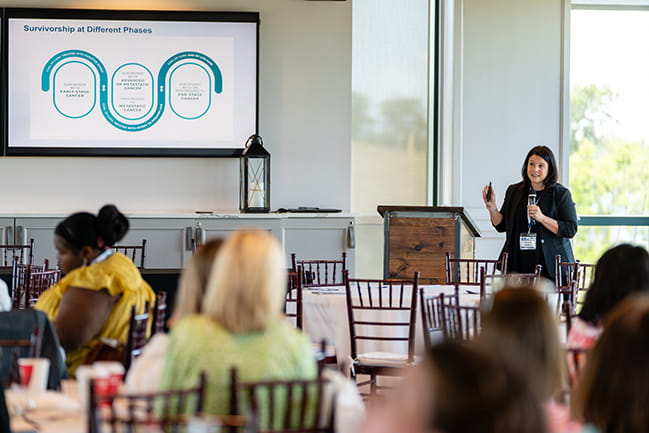 Dr. Michelle Mollica holds a microphone and speaks to room full of people at the Scor Symposium