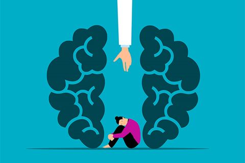 illustration representing mental health support showing a person sitting hunched over between two halves of the brain with an arm reaching down from above to help  