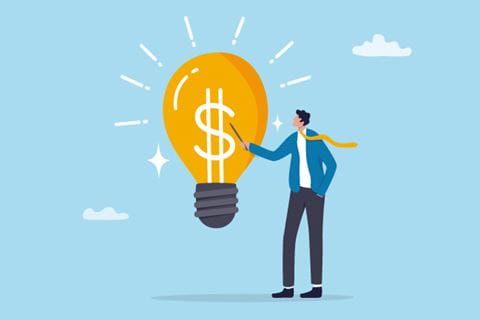 illustration of a man pointing to a lightbulb with a filament in the shape of a dollar sign