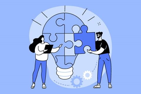 illustration of two people working together to put puzzle pieces together that form a light bulb