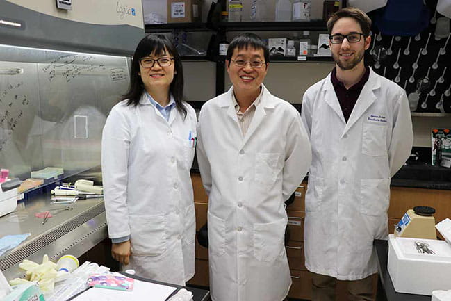 Yongxia Wu, Ph.D. (left), and Steven Schutt (far right) are among seven researchers to receive the first round of Fellowship Program awards. They are pictured here with their mentor Xue-Zhong Yu, M.D. Photo by Dawn Brazell