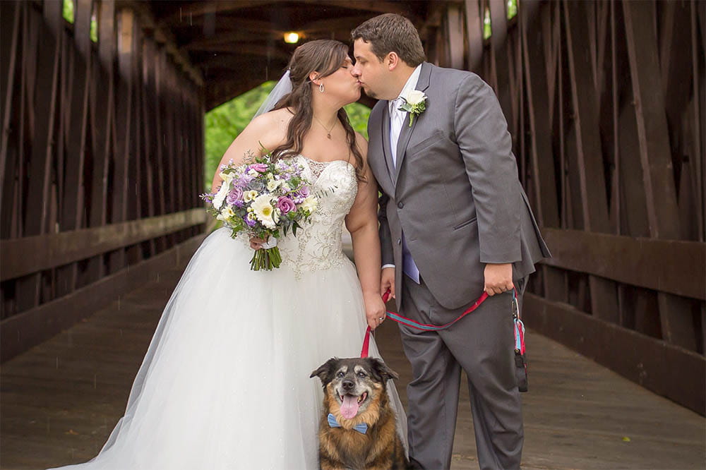 Miranda Brown kisses her husband Andrew on their wedding day as they stand on a bridge with their dog