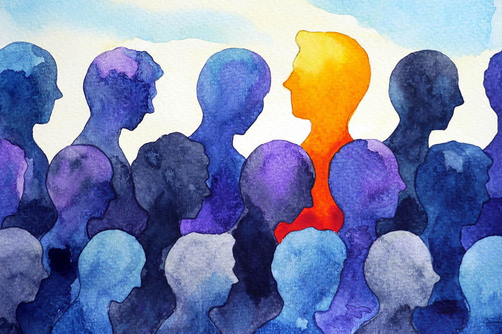 Watercolor of an abstract group of people with one person highlighted in orange