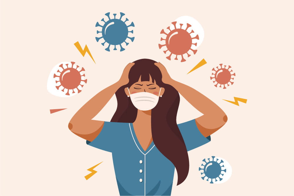 Illustration of a woman wearing a mask with her hands on her head in frustration, surrounded by coronavirus particles and lightning bolt icons