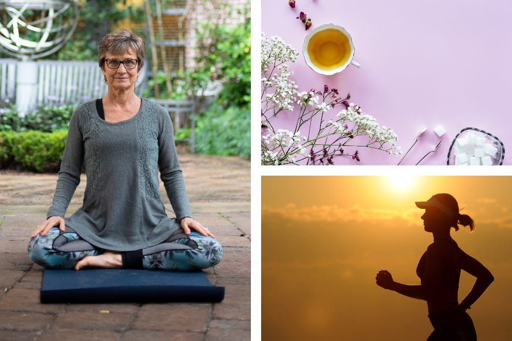 Collage of a woman sitting cross legged on a yoga mat, a cup of tea next to flowers and a sugar bowl, a woman jogging at sunset