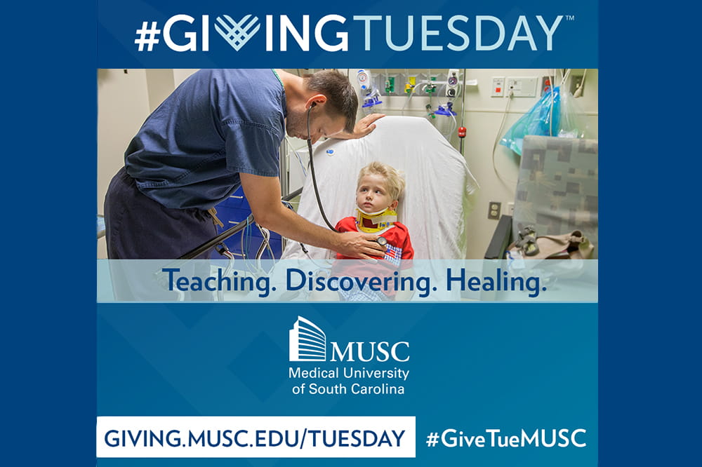 graphic that says Giving Tuesday with photo of a doctor leaning over a little boy in bed to listen to his heart
