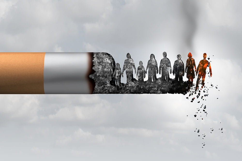 illustration of a cigarette with the ash shaped like people and the person at the end is falling