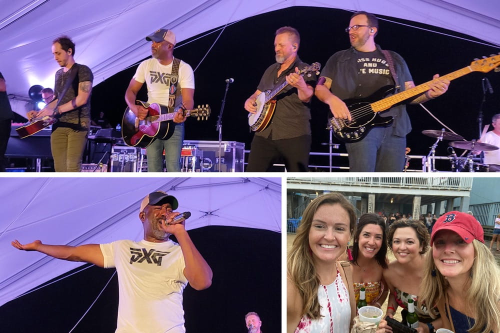 A collage of three photos, one of Darius Rucker and bandmates on stage, one of Darius alone and crooning and one of four women smiling before the concert