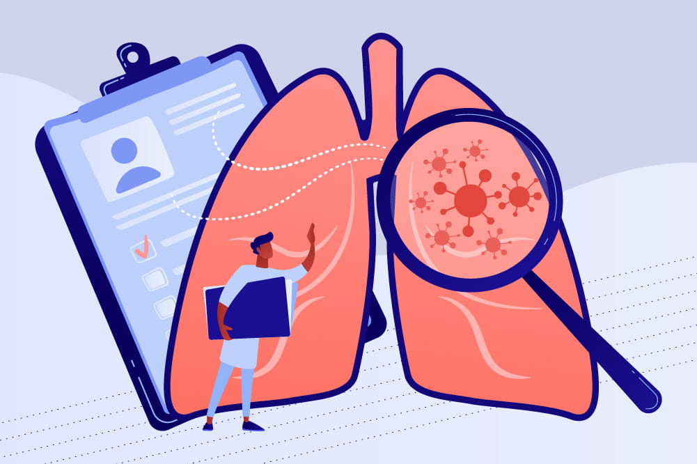 illustration showing a magnifying glass examining a large set of lungs with a doctor holding a folder in front and a clipboard in the background