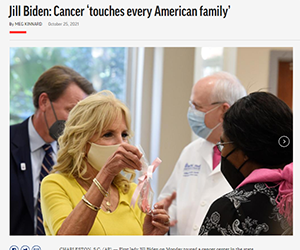 screenshot of AP news story about Dr. Jill Biden's visit to Hollings Cancer Center