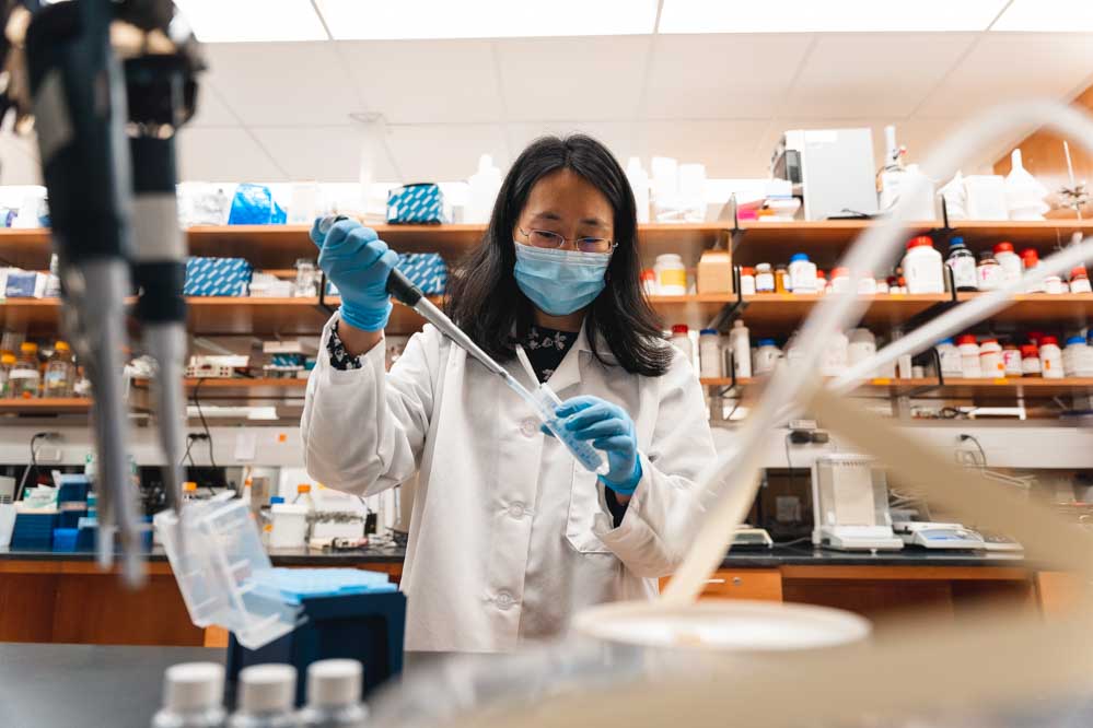Dr. Haizhen (Jen) Wang in her lab conducting research