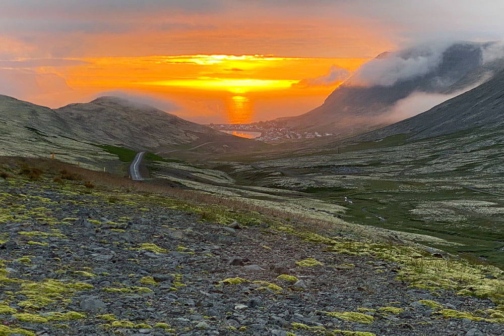 Sunset looking down a valley in Iceland