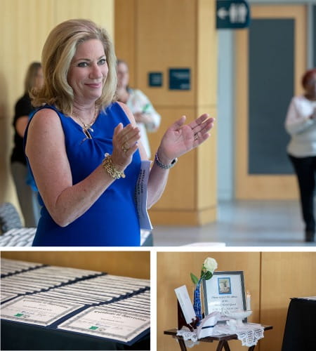 A series of three pictures, one of MUSC First Lady Kath Cole in a blue dress as she applauds, one is a detail shot of certificates given to the nurses and the last is a display of a white rose, bible and plaque in honor of Florence Nightingale