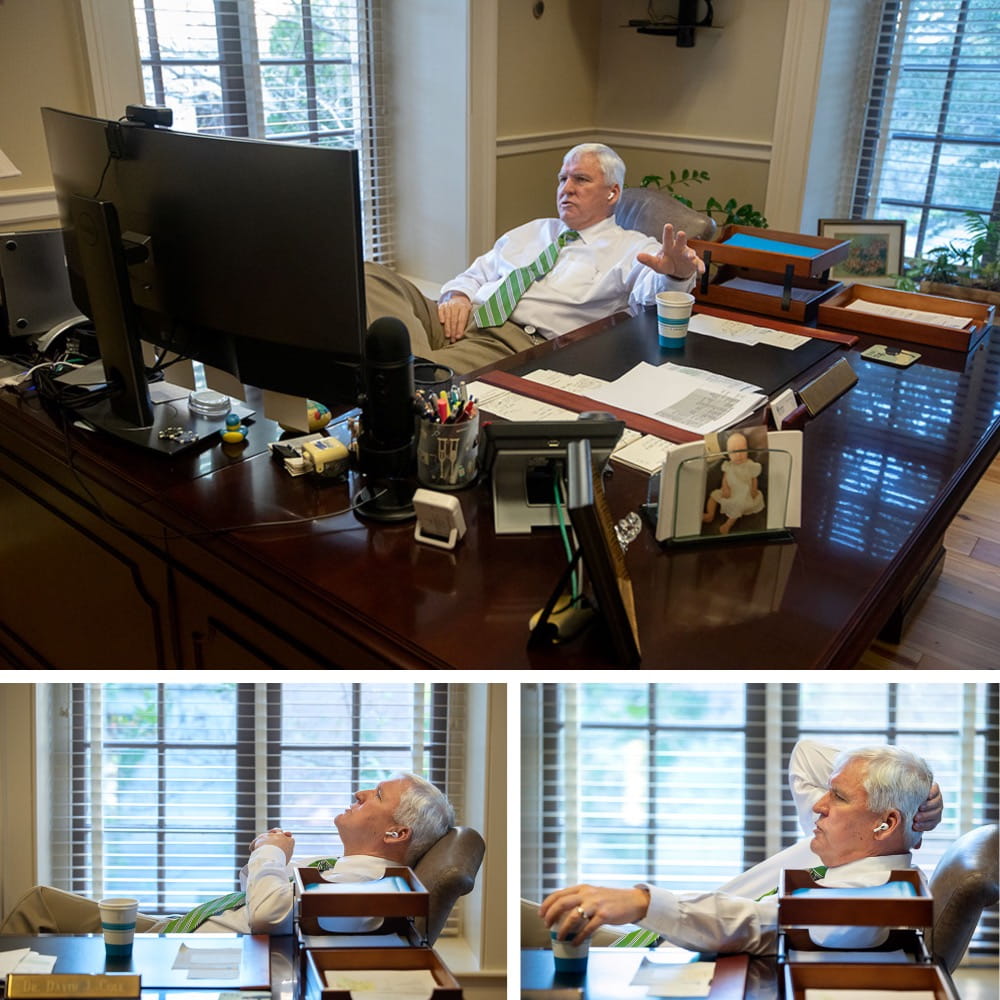 A series of three photos all showing Cole sitting at his desk, talking on the phone in his office