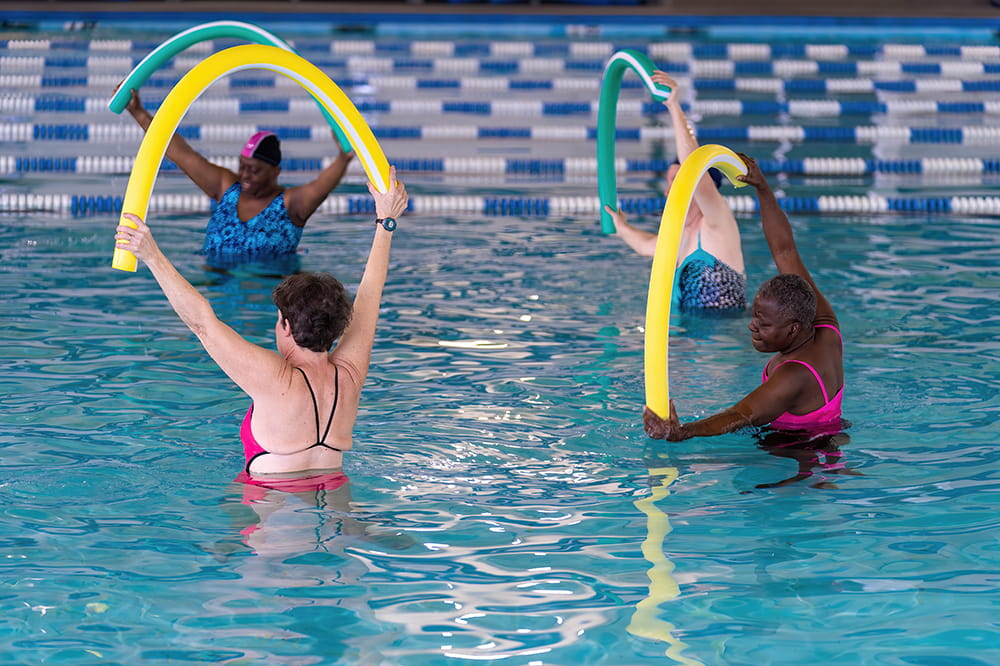 women hold swim noodles over their heads in the pool