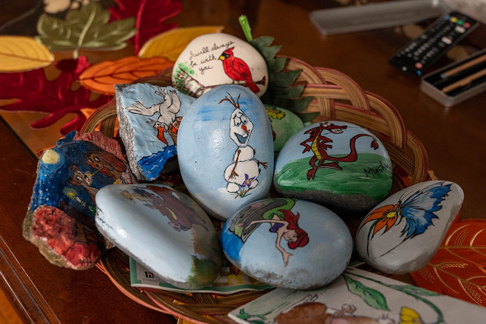 close up image of painted birds and butterflies and cartoon characters on rocks