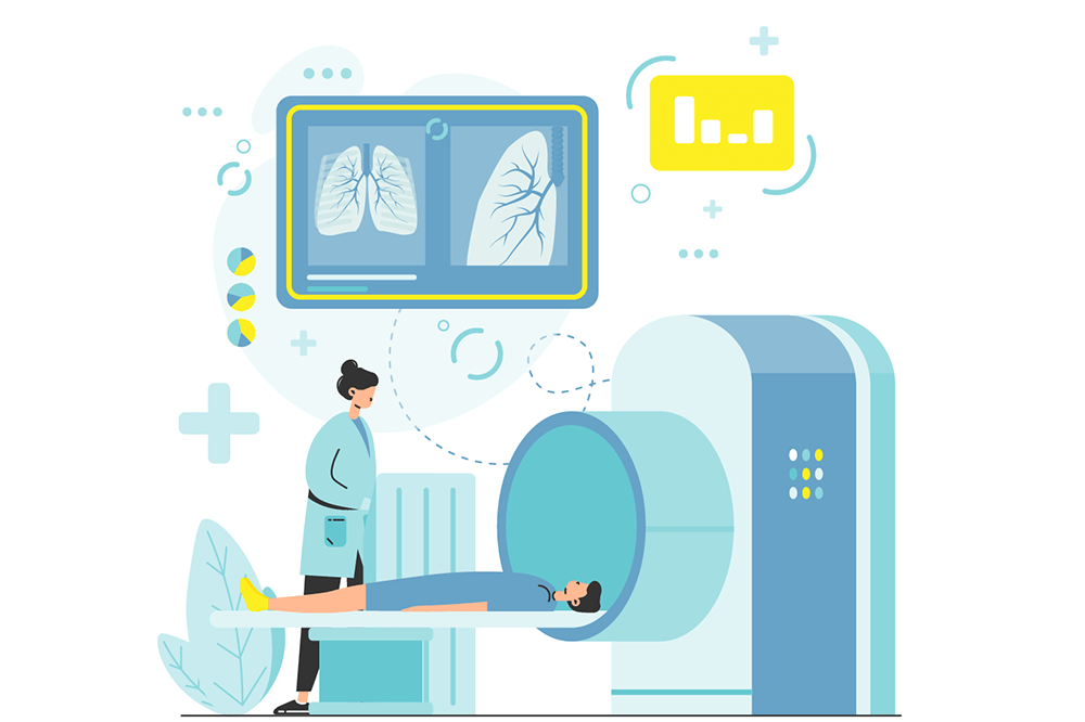 cartoon illustration of a man laying down to enter a CT machine for a lung scan