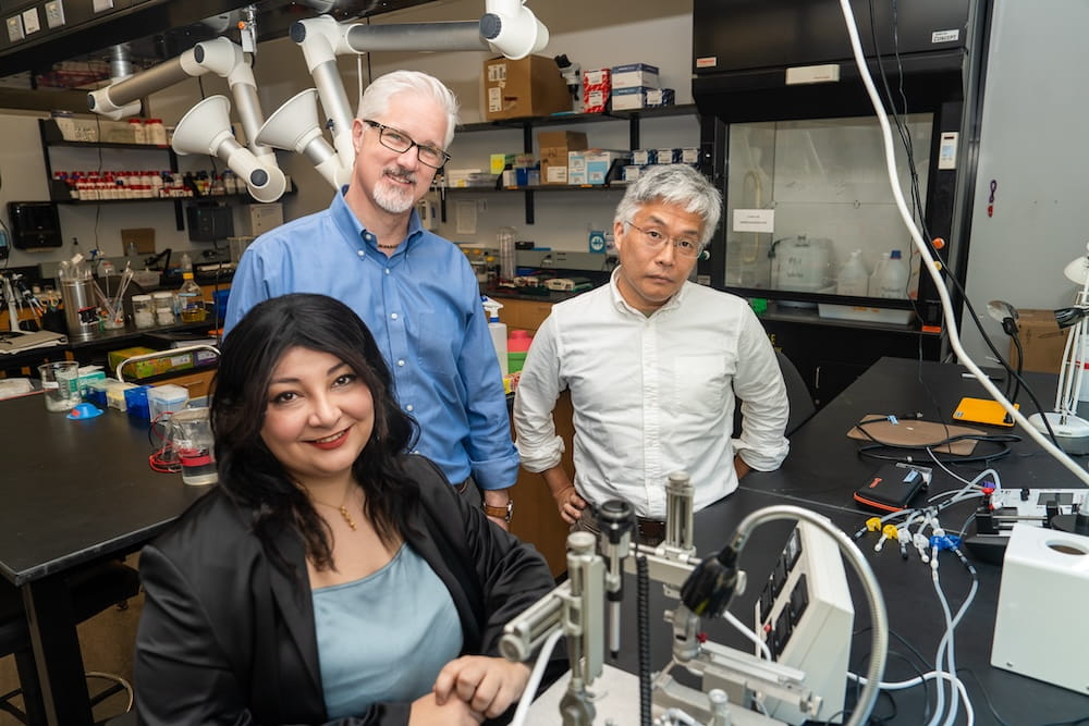 From left to right: MUSC neuroscience researchers Rose-Marie Akiki, Dr. Christopher Cowan, and Dr. Makoto Taniguchi. 