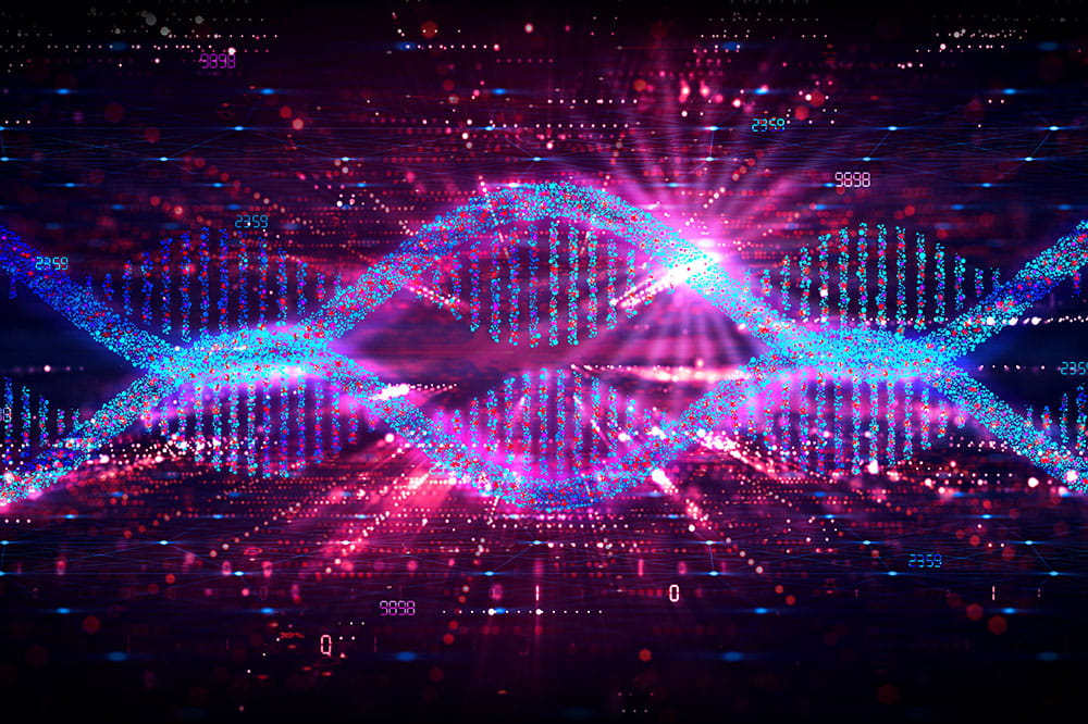 stylized image of mRNA strands in a sci fi universe